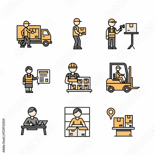 Delivery service icons showcasing diverse logistics activities and professional workers