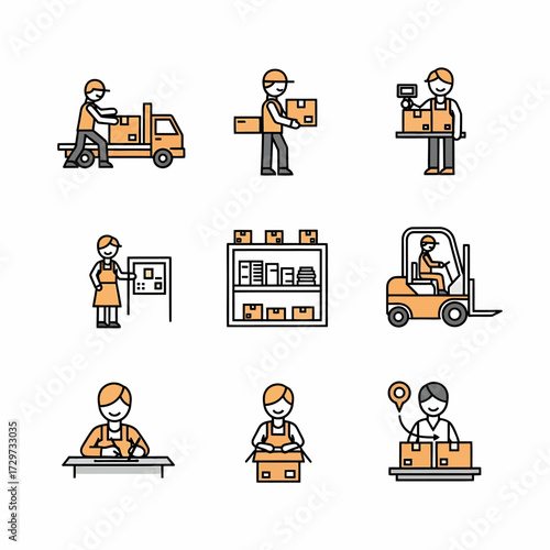 Collection of logistics and warehouse management icons showcasing various activities