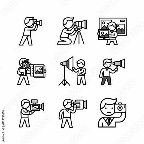Illustrations of photographers with various cameras and equipment showing a progression