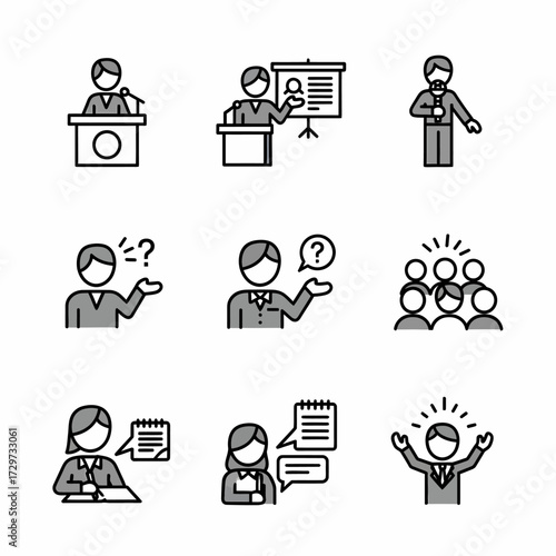 Professional presentations and business communication skills concept linear style icons set