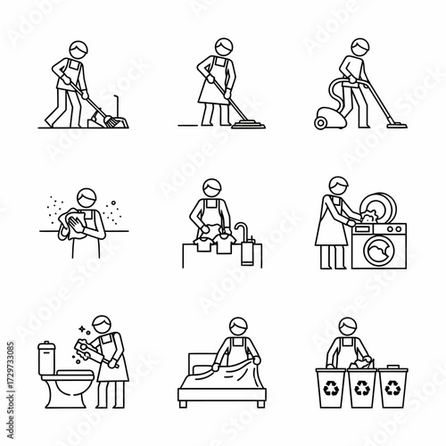 Collection of cleaning and housework line icons for domestic tasks representation
