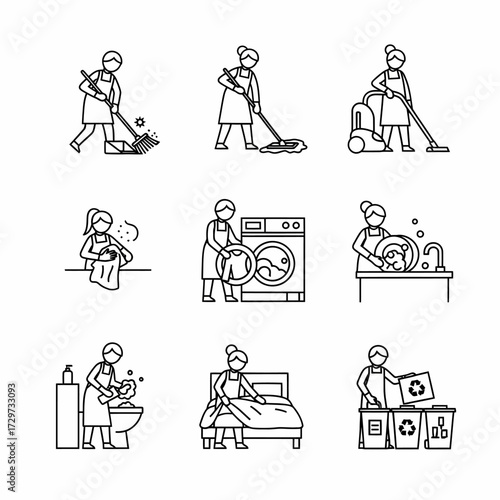 Collection of outline icons representing various household chores and cleaning activities