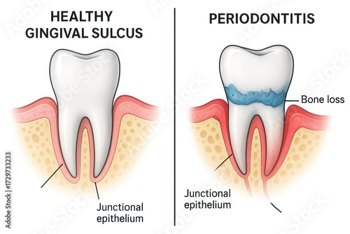 Illustration of Healthy Gingival Sulcus vs. Periodontitis