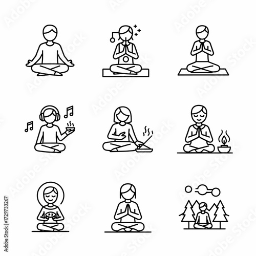 Collection of yoga poses and meditation techniques in simple line art illustrations