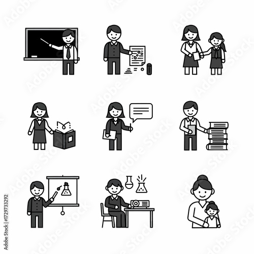 Educational Icon Set Depicting Teachers and Students in Various Learning Activities