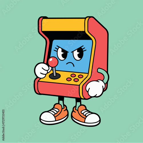 vector concept for unhappy arcade game machine character with joystick and buttons cartoon style illustration