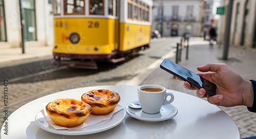 Hand Holding Smartphone with Pastel de Nata and Coffee at Lisbon Café with Tram 28