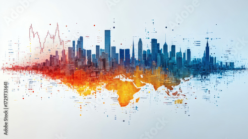 Global city skyline with data visualization