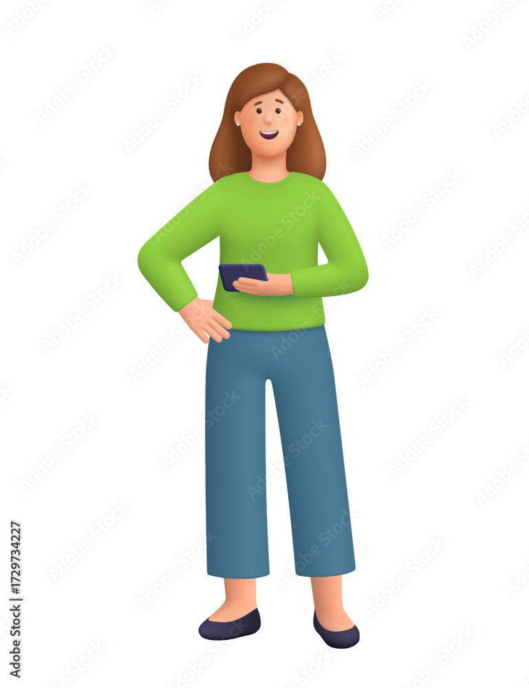 Fototapeta premium Young smiling woman Kate standing and holding smartphone. Technology, social media, digital marketing and online communication concept. 3d vector people character. Cartoon minimal style.