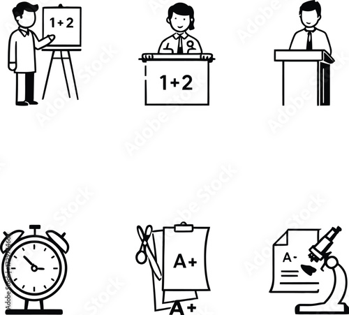 Classroom & Academic Icon Doodle Set – Black and White Vector Illustrations of Learning, Grading, and Research