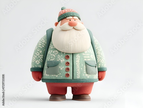 A charming claymation Santa Claus stands cheerfully with a knitted hat and cozy sweater against a plain background.