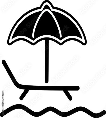 Sunbed with beach umbrella icon, colorful version. Beach loungers symbol.  Vector graphics and not Artificial Intelligence, logo illustration. Replaceable vector design.