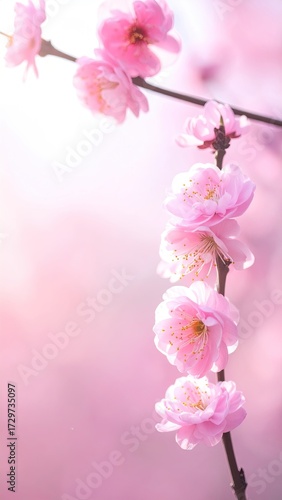 Close Up of Pink Cherry Blossoms on a Branch with Soft Light and Blurred Background for Springtime Beauty