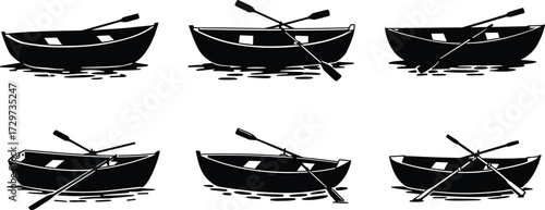 Rowing boat silhouettes, wooden boat vector, paddle boat illustration, fishing boat design, nautical artwork, water transport graphic, outdoor adventure symbol