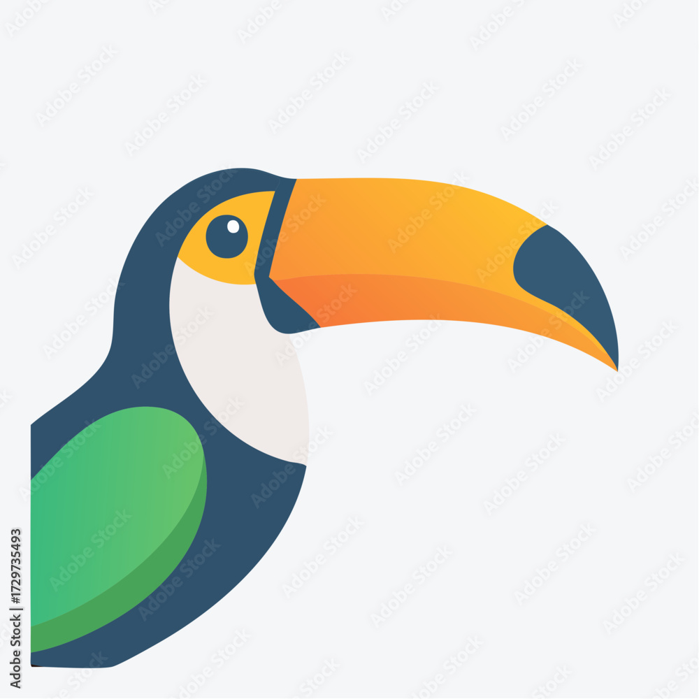 Naklejka premium Cartoon Toucan Bird Profile View With Orange Yellow Beak And Green Wing Isolated On White Background