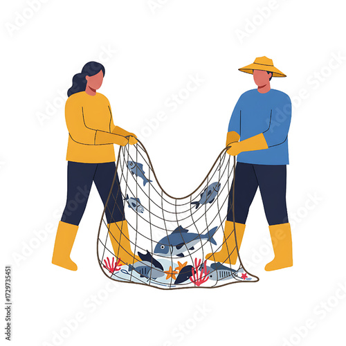 Fisherman and Woman Holding Fishing Net Full of Fish Harvest