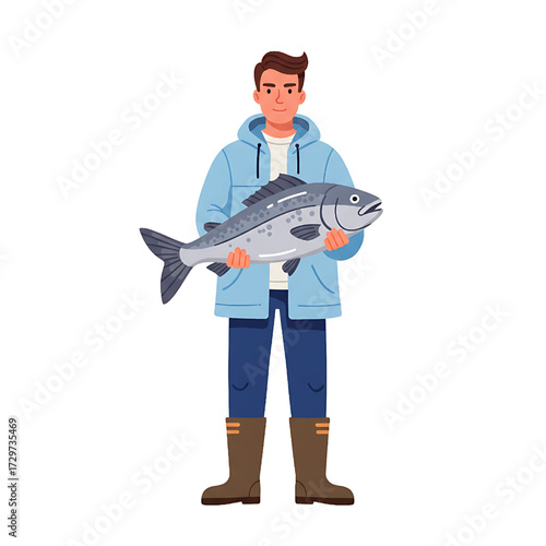 Fisherman Holding Freshly Caught Fish in Rubber Boots Vector Illustration