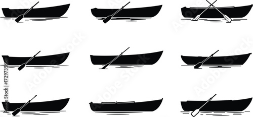 Rowing boat silhouettes, wooden paddle boat, fishing vessel design, small watercraft vector, lake transport artwork, nautical illustration, outdoor adventure graphic