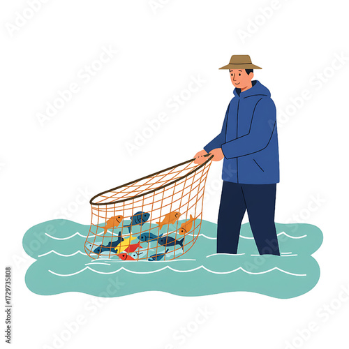Fisherman catching colorful fish in a net in the water vector art
