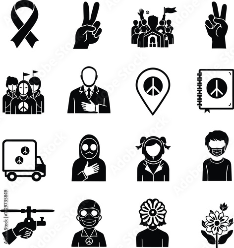 Peace & Activism Icon Doodle Set – Black and White Vector Illustrations of Protest, Symbols, and Social Movements