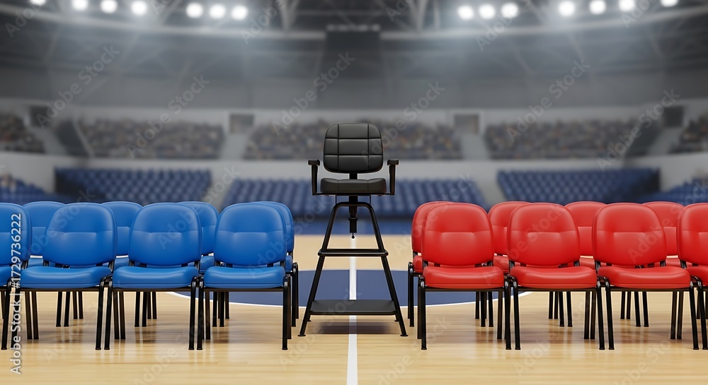 Naklejka premium Opposing Team Benches with Referee Chair in Basketball Arena.