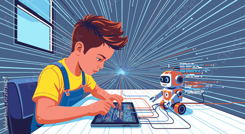 A young boy learns to code on a tablet, programming a small, friendly robot in a futuristic setting with flowing data streams.