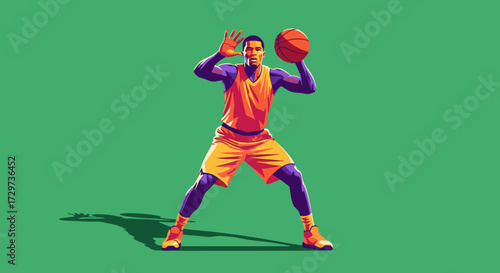 A stylized illustration of a male basketball player in a yellow and purple uniform, poised to pass the ball against a solid green background.
