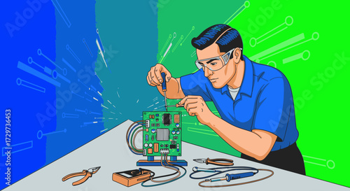 An electronics technician in safety glasses meticulously working on a complex circuit board with various tools on a workbench.