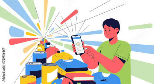 Illustration of a person using a smartphone app to scan and sort various items like clothes and cans for recycling, donation, or resale.