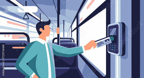 Vector illustration of a man in a suit using a contactless card to pay for his fare on a modern public transport bus.