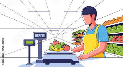 A grocery store clerk in an apron weighing fresh fruit like apples and bananas on a digital scale in a supermarket aisle.