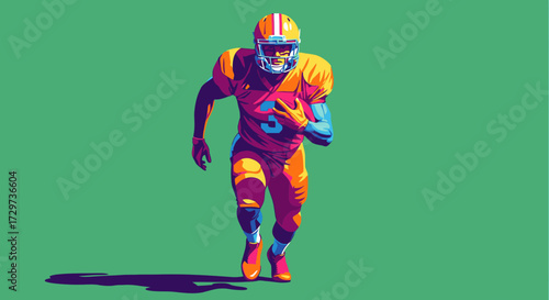 Vibrant, stylized illustration of an American football player running forward with the ball against a green background.