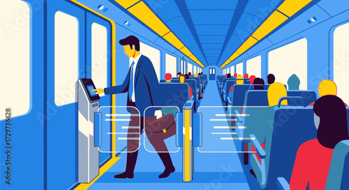 A businessman in a suit uses a digital ticket validator inside a modern, futuristic train car with other passengers.