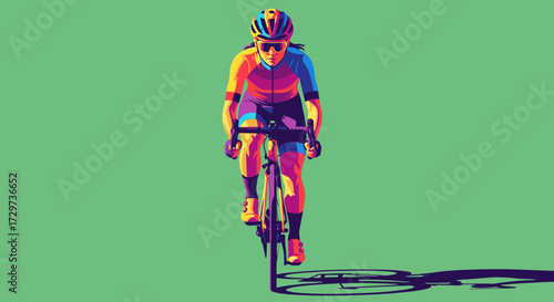 A vibrant, stylized illustration of a cyclist in colorful gear riding a bicycle against a solid green background.