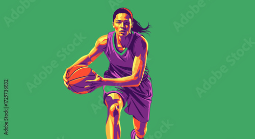 Vibrant pop art illustration of a female basketball player dribbling the ball with intense focus against a solid green background.