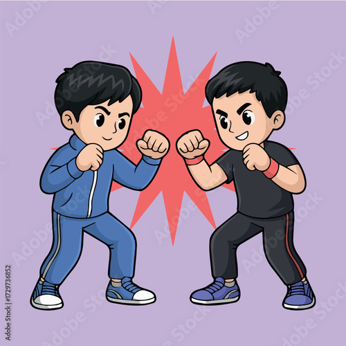 vector concept for cartoon boys in fighting stance with fists and sports gear in action