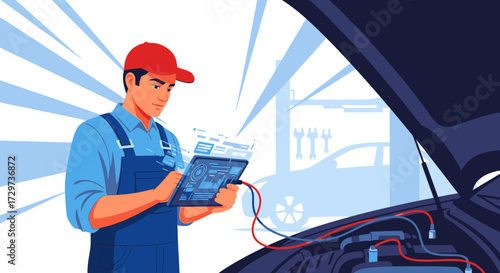 Mechanic using a digital tablet for car diagnostics in a modern auto repair shop illustration.