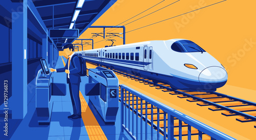 A businessman in a suit uses a ticket gate as a high-speed bullet train waits at the station platform.