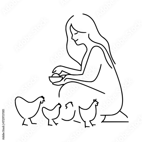 Woman feeding chickens line art vector illustration farm animals poultry care minimalist design rural life simple drawing