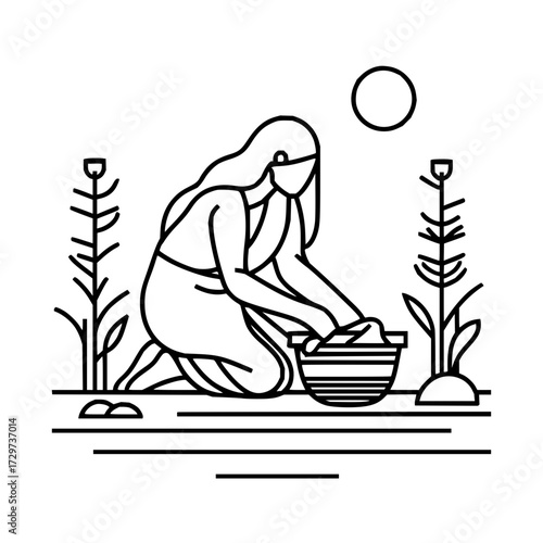 Woman gardening vector art illustration planting flowers in garden with sun minimal line art design for website 100