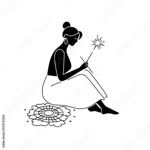 Woman sitting with sparkler vector art illustration celebration festive design graphic black and white minimalist