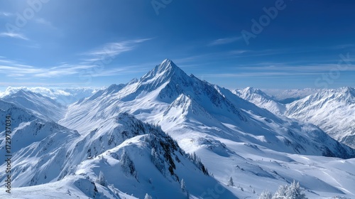 Panoramic Snowy Mountain Range Under Clear Blue Sky in Winter Landscape White Snow Cold Weather Scenic View Sunlight Bright Outdoor Scene