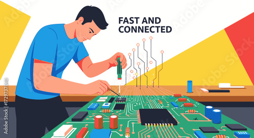A focused technician in a blue shirt meticulously solders a component onto a large green computer circuit board.