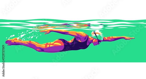 A vibrant, stylized illustration of a female athlete swimming underwater with a powerful stroke.