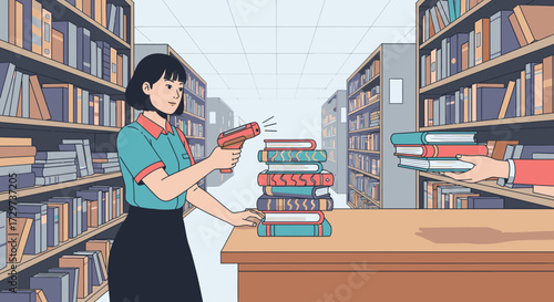 An illustrated scene of a female librarian at a checkout desk scanning a tall stack of books with a barcode reader in a library aisle.