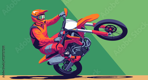 An illustration of a motocross rider in orange gear performing a wheelie on a dirt bike against a green background.