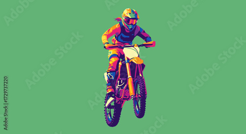 Colorful pop art illustration of a motocross rider in mid-air on a dirt bike.