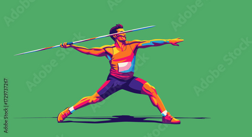 Stylized illustration of a male athlete in a powerful pose, preparing to throw a javelin against a solid green background.