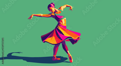 Vibrant pop art illustration of a graceful ballerina dancing in a colorful, flowing skirt against a green background.