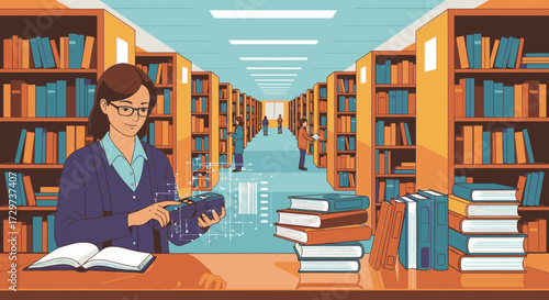 A female librarian at a desk in a modern library, using a digital device amidst long aisles of bookshelves, depicted in a flat vector illustration style.